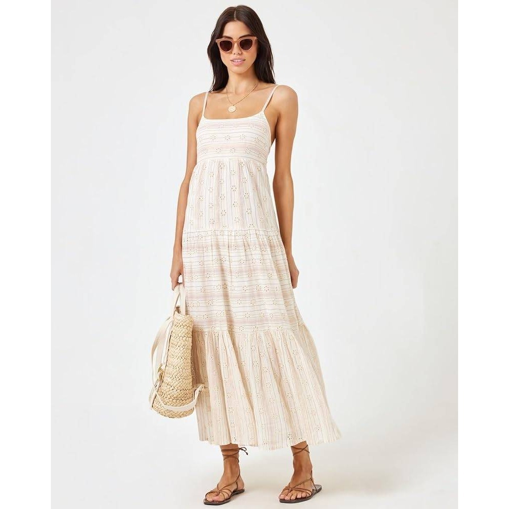 L*Space Santorini Maxi Dress Ivory Eyelet Lace Metallic Striped Tiered Sz L